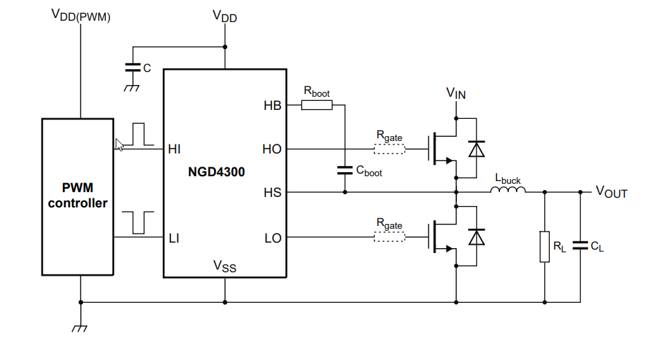 Application Circuit Diagram - Nexperia NGD4300 4A Dual MOSFET Gate Drivers
